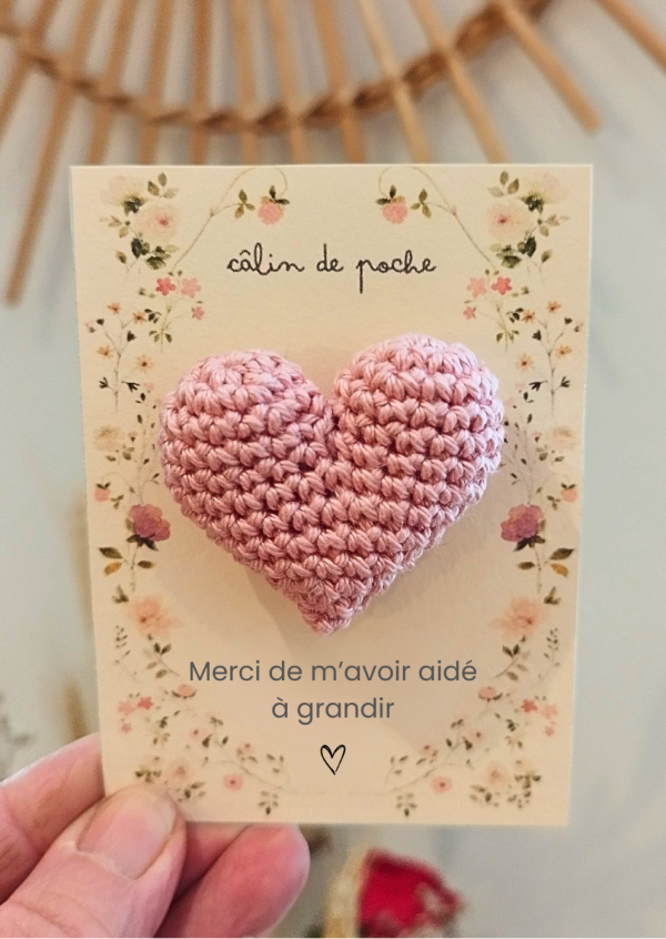 Generale Câlin de poche – Cadeau Maîtresse, Maître, Nounou, ATSEM ou AESH – Cœur au crochet fait main – Cadeau de fin d'année scolaire