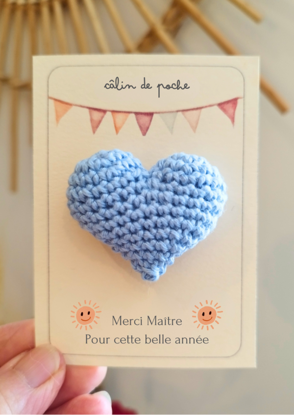 Maître Câlin de poche – Cadeau Maîtresse, Maître, Nounou, ATSEM ou AESH – Cœur au crochet fait main – Cadeau de fin d'année scolaire